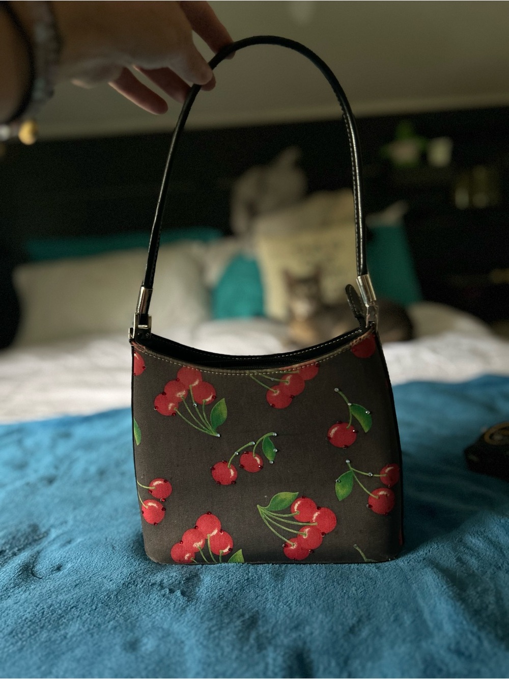 Black Cherry-Print Shoulder Bag for Women